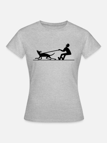 Hund zieht Mann 2 - Frauen T-Shirt - Grau meliert