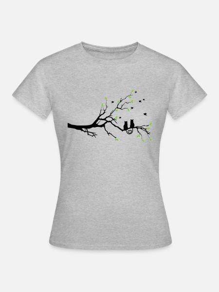 2 Katzen mit Herz sitzen auf einem Baum. - Frauen T-Shirt - Grau meliert