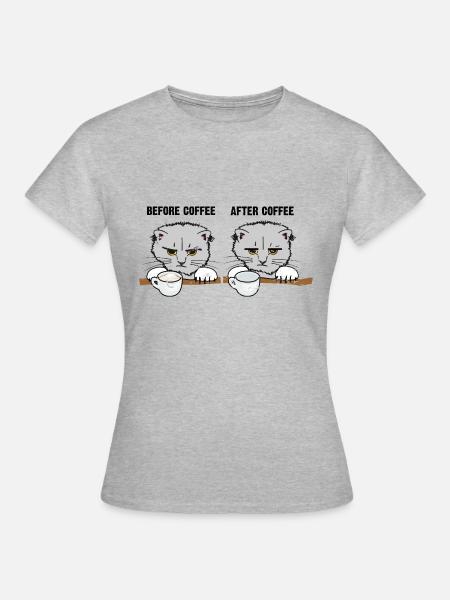 grantige Katze mit Kaffee und ohne Kaffee - Frauen T-Shirt - Grau meliert