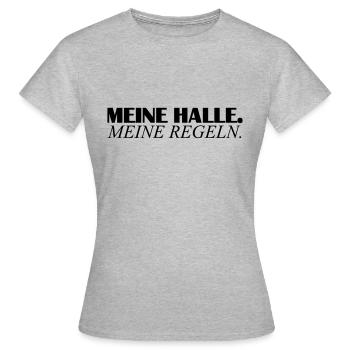 meine halle - Frauen T-Shirt - Grau meliert - Vorne - AI Model Female 172 dark (172cm)