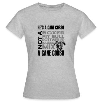 Er ist ein Zuckerrohrcorso Kein Boxer Pitbull Rottweiler - Frauen T-Shirt - Grau meliert - Vorne - AI Model Female 172 dark (172cm)
