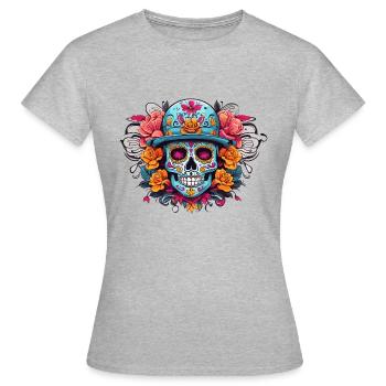 Totenkopf T-Shirt Dia de Muertos Mexiko Hut - Frauen T-Shirt - Grau meliert - Vorne - AI Model Female 172 dark (172cm)