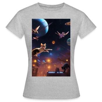 Flying Cats, Cats, Outer Space, Planets - Women's T-Shirt - heather grey - Front - AI Model Female 172 dark (172cm)