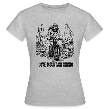 Steinzeit-Höhlenmensch: Ich liebe Mountainbiken - Frauen T-Shirt - Grau meliert - Vorne - AI Model Female 172 dark (172cm)