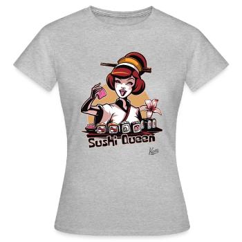 Hobby Geisha: Die fröhliche Sushi-Königin - Frauen T-Shirt - Grau meliert - Vorne - AI Model Female 172 dark (172cm)