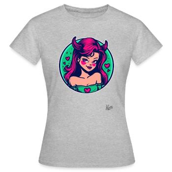 Comic-Cartoon: süße kleine Teufelin mit Herzen - Frauen T-Shirt - Grau meliert - Vorne - AI Model Female 172 dark (172cm)