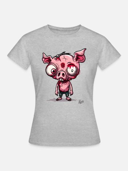 Unheimliches kleines Zombie-Schweinchen - Frauen T-Shirt - Grau meliert
