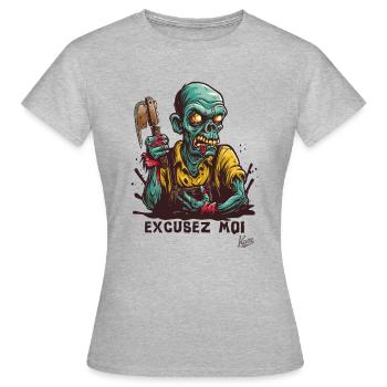 Zombie Worker : Squelette « Excusez-moi » - T-shirt Femme - gris chiné - Devant - AI Model Female 172 dark (172cm)