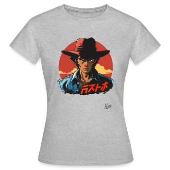 Bob de cow-boy gringo japonais : l’Orient rencontre l’Occident - T-shirt Femme - gris chiné - Devant - AI Model Female 172 dark (172cm)