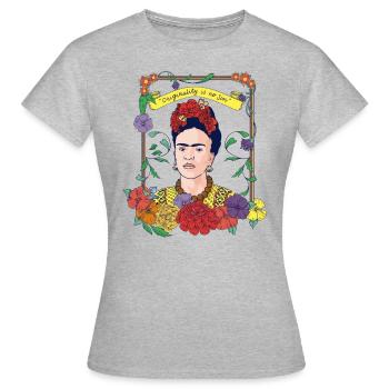 Frida Kahlo Mit Rahmen aus Bunten Blumen - Frauen T-Shirt - Grau meliert - Vorne - AI Model Female 172 dark (172cm)
