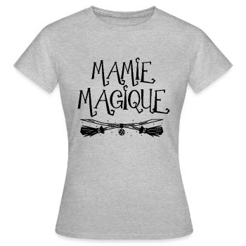 Mamie magique. Balai de sorcière - T-shirt Femme - gris chiné - Devant - AI Model Female 172 dark (172cm)