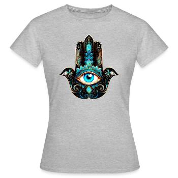 La main Hamsa, œil qui voit tout, Nazar, symbole de protection - T-shirt Femme - gris chiné - Devant - AI Model Female 172 dark (172cm)