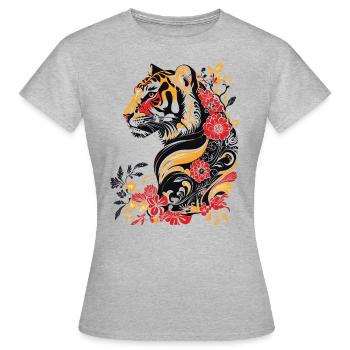 Jugendstil - bunter Tiger und Blumen - Frauen T-Shirt - Grau meliert - Vorne - AI Model Female 172 dark (172cm)