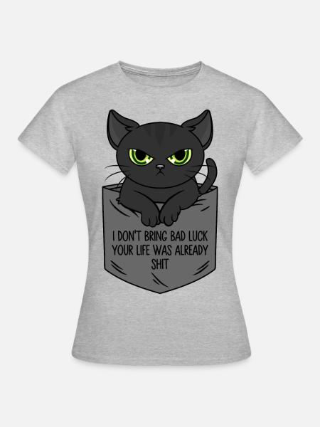 Schwarze Katze Brusttasche Ich bringe kein Unglück - Frauen T-Shirt - Grau meliert