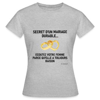 Secret d'un mariage durable - T-shirt Femme - gris chiné - Devant - AI Model Female 172 dark (172cm)