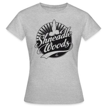 Handlettering „Shneadle Woods“ - Frauen T-Shirt - Grau meliert - Vorne - AI Model Female 172 dark (172cm)
