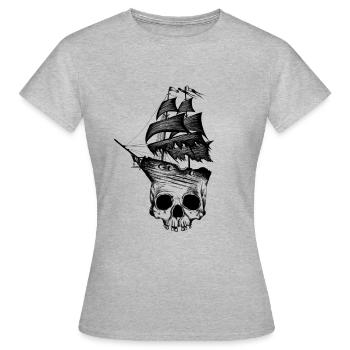 Totenkopf, Schiff, Pirat, Piratenschiff - Frauen T-Shirt - Grau meliert - Vorne - AI Model Female 172 dark (172cm)