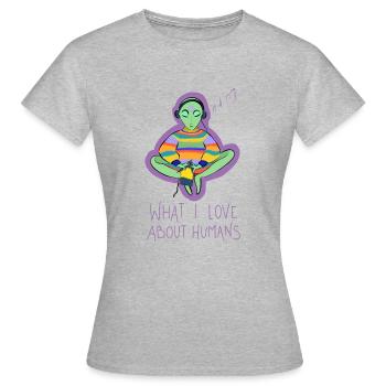 Ce que j’aime dans la conspiration des humains - T-shirt Femme - gris chiné - Devant - AI Model Female 172 dark (172cm)