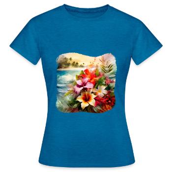 Tropische Blumen - Frauen T-Shirt - Antikblaues Saphir meliert - Vorne - AI Model Female 172 dark (172cm)