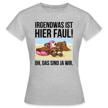 Irgendwas ist hier faul 4-köpfige Gruppe / Familie - Frauen T-Shirt - Grau meliert - Vorne - AI Model Female 172 dark (172cm)