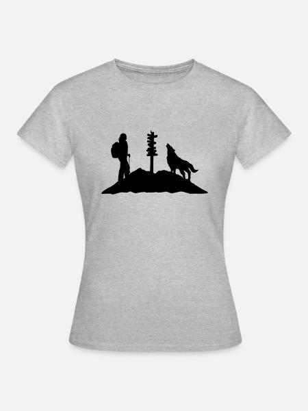 Wandern, Wanderin, Wolf und Berg - Frauen T-Shirt - Grau meliert