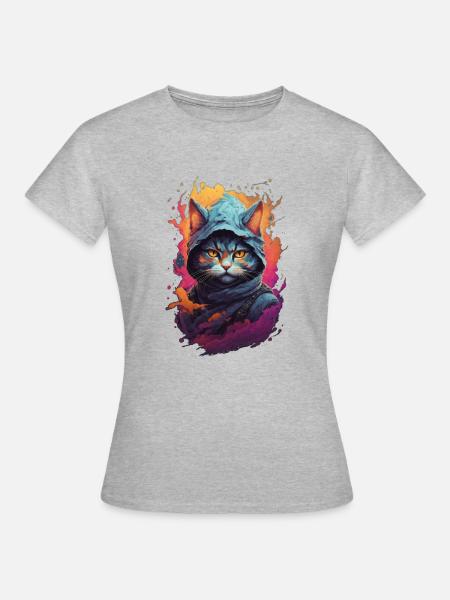 Fiery Feline Warrior: Detaljert Ninja Cat - Dame-T-shirt - grå meleret