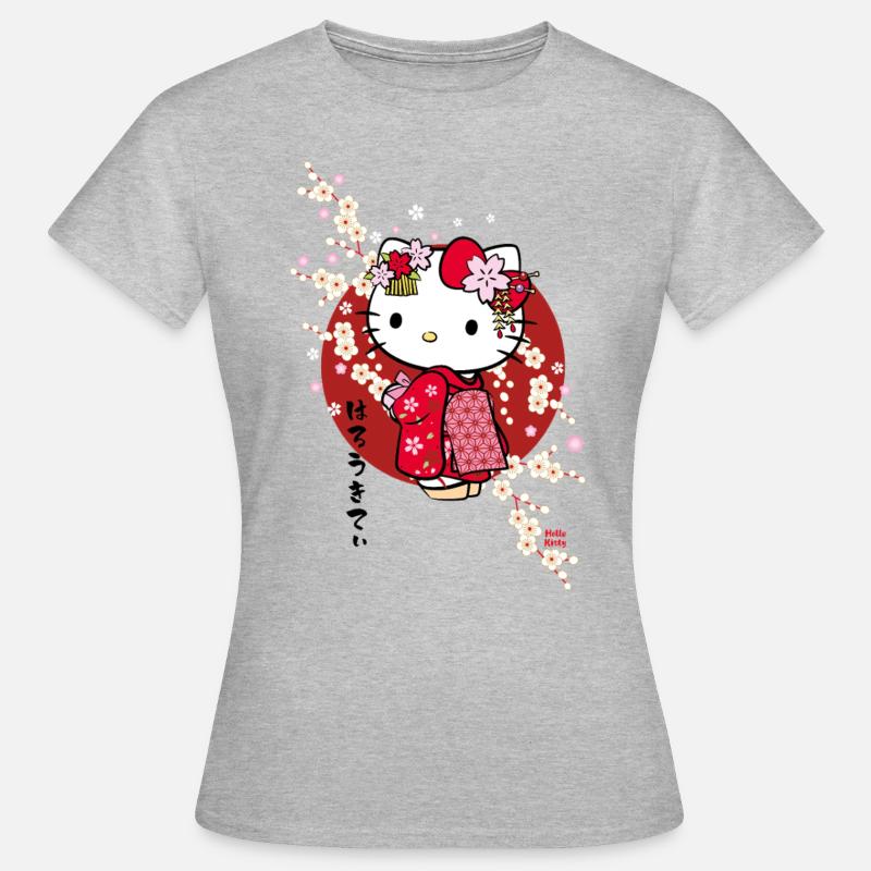 Hello Kitty con kimono rojo y flores de cerezo - Camiseta mujer - gris jaspeado