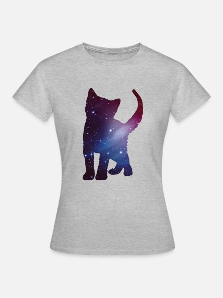 Katze Kitten Silhouette Space Cat Weltall Geschenk - Frauen T-Shirt - Grau meliert