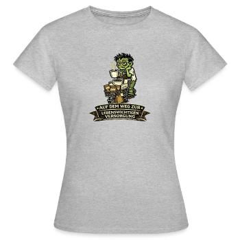 Zombie mit Kaffee auf dem Einkaufsweg - Frauen T-Shirt - Grau meliert - Vorne - AI Model Female 172 dark (172cm)