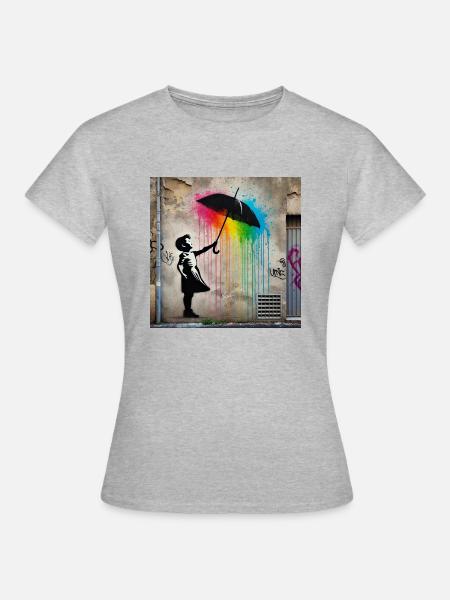 Kein Banksy - Regen unter dem Schirm - Frauen T-Shirt - Grau meliert
