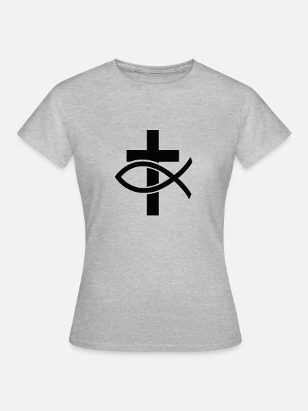 Christian Cross & Fish - Frauen T-Shirt - Grau meliert