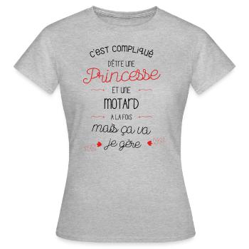 C'est compliqué d'être une Princesse et une motard - T-shirt Femme - gris chiné - Devant - AI Model Female 172 dark (172cm)