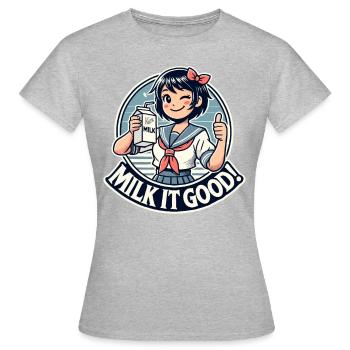 Pouce levé, écolière japonaise avec du lait - T-shirt Femme - gris chiné - Devant - AI Model Female 172 dark (172cm)
