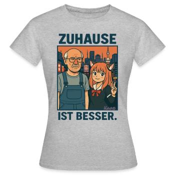 Peter Lustlos in Japan – Zuhause ist besser - Frauen T-Shirt - Grau meliert - Vorne - AI Model Female 172 dark (172cm)