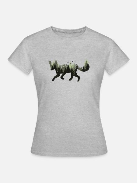 Fuchs Waldtier Bäume Wald Wildnis Silhouette - Frauen T-Shirt - Grau meliert