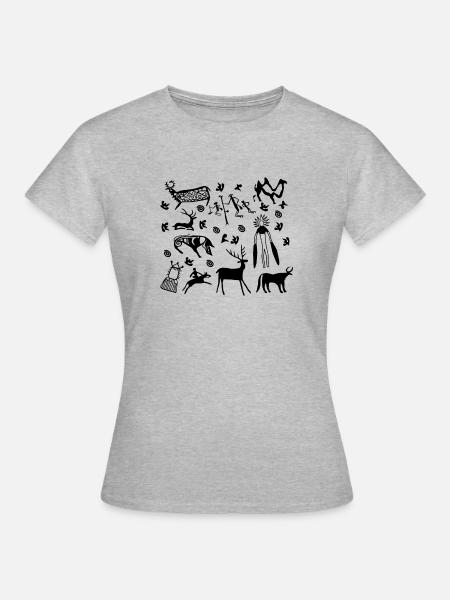 Humorvolle Piktogramm-Schnitzgravuren Mimbres - Frauen T-Shirt - Grau meliert