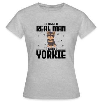Humorous It Takes A Real Man To Walk A Yorkie Dog - Women's T-Shirt - heather grey - Front - AI Model Female 172 dark (172cm)