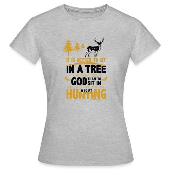 Neuheit Sitzen Sie am Baum und denken Sie über Gott religiös - Frauen T-Shirt - Grau meliert - Vorne - AI Model Female 172 dark (172cm)