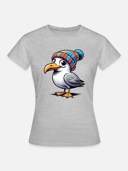 Moin Möwe Beanie Mütze T-Shirt Tasche Brusttasche - Frauen T-Shirt - Grau meliert