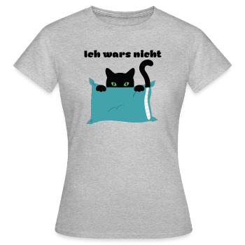 Katze versteckt sich hinter Kissen -Ich wars nicht - Frauen T-Shirt - Grau meliert - Vorne - AI Model Female 172 dark (172cm)