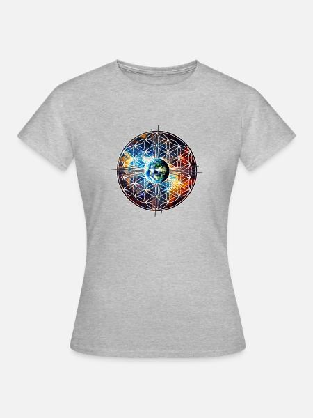 Blume des Lebens, Erde, Yoga, Universum Design - Frauen T-Shirt - Grau meliert