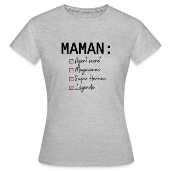 Maman : Agent secret magicienne super héroïne lége - T-shirt Femme - gris chiné - Devant - AI Model Female 172 dark (172cm)