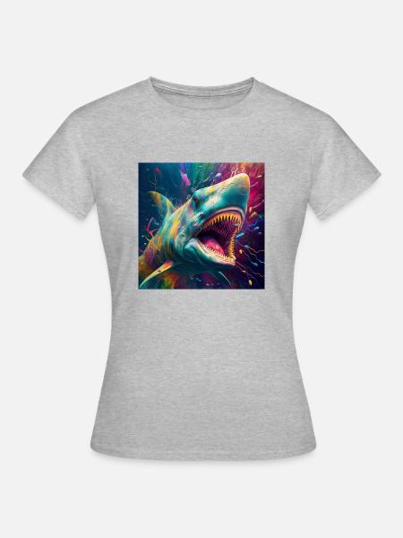 Farbiger Hai, einzigartiges Design - Frauen T-Shirt - Grau meliert