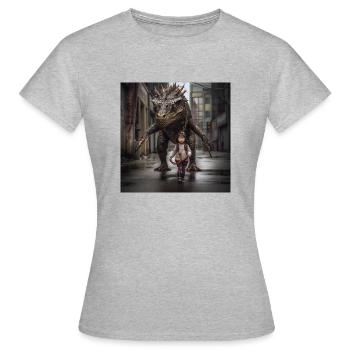 Unlikely Companinon - Girl and Dinosaur on a Leash - Women's T-Shirt - heather grey - Front - AI Model Female 172 dark (172cm)