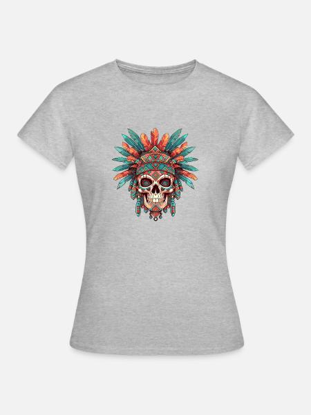Aztekischer Totenkopf 001 - Frauen T-Shirt - Grau meliert
