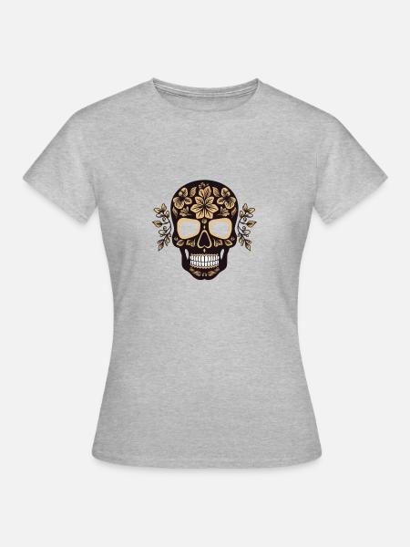 schwarzer Totenkopf mit Blumenmuster - Frauen T-Shirt - Grau meliert