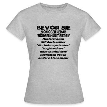 verhalten gegen andere Menschen - Frauen T-Shirt - Grau meliert - Vorne - AI Model Female 172 dark (172cm)