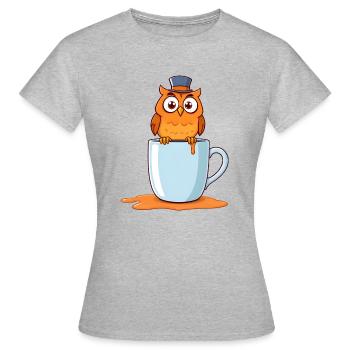 Hibou fantaisiste perché sur une tasse bleue - T-shirt Femme - gris chiné - Devant - AI Model Female 172 dark (172cm)
