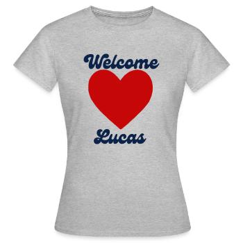 Lucas herzlich willkommen - Frauen T-Shirt - Grau meliert - Vorne - AI Model Female 172 dark (172cm)