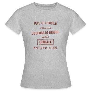 Joueuse de Bridge GÉNIALE rouge brunâtre foncé - T-shirt Femme - gris chiné - Devant - AI Model Female 172 dark (172cm)